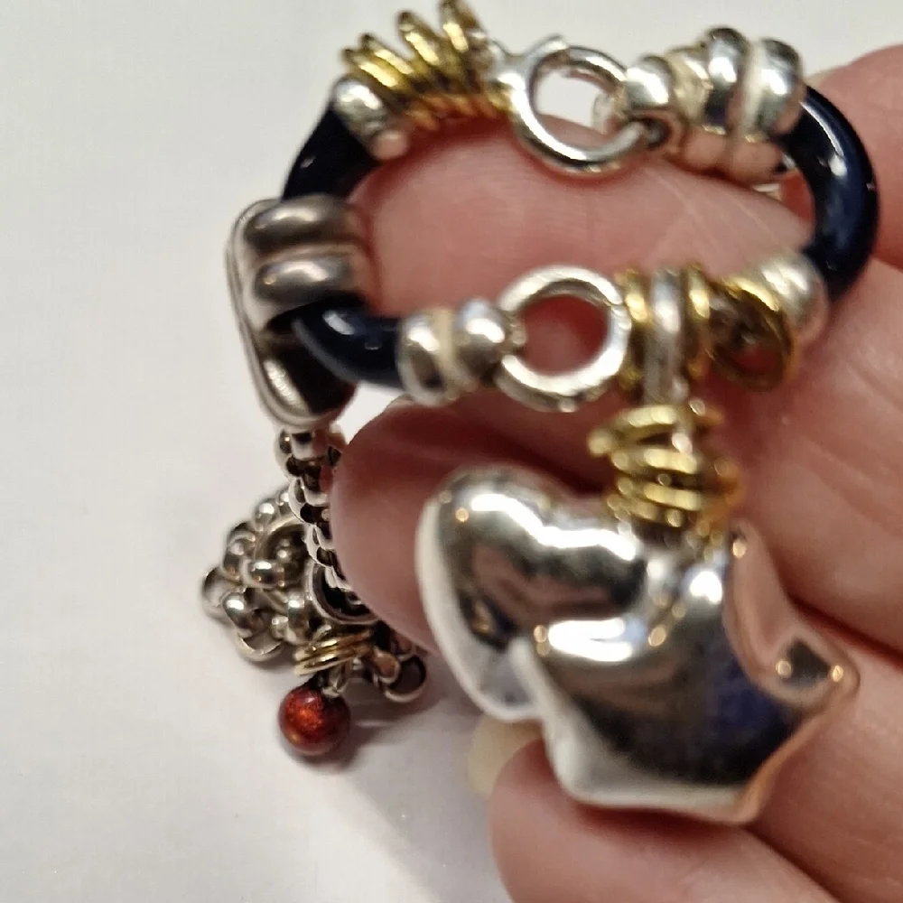 Vintage SAS Two-Tone Double Chain Silver Charm Bracelet with‎ Star and Heart
